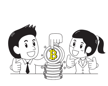 Cryptocurrency concept businessman and businesswoman with big coinsのイラスト素材