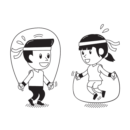 Cartoon man and woman jumping ropes togetherのイラスト素材