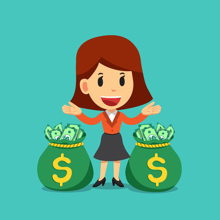 Vector cartoon happy businesswoman with money bagsのイラスト素材