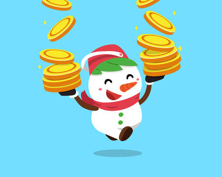 Vector cartoon christmas snowman with big money coins stackのイラスト素材