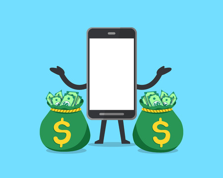Cartoon vector character smartphone with big money bagsのイラスト素材