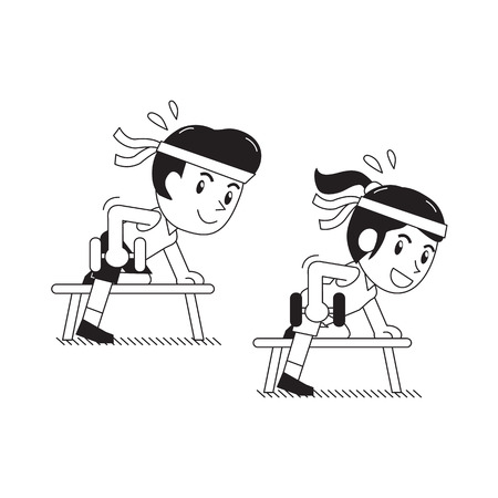 Cartoon man and woman doing dumbbell row exerciseのイラスト素材