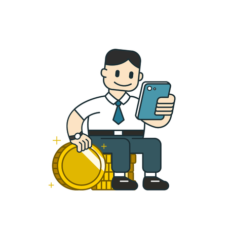Vector cartoon business concept businessman using smartphone with big coin stack for design.のイラスト素材