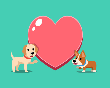 Cartoon character cute corgi dog and labrador retriever dog with big heart for design.のイラスト素材