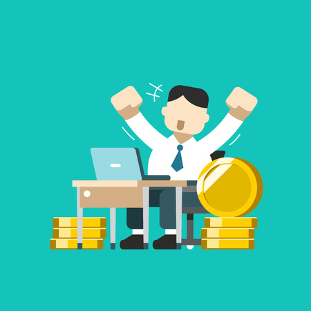 Vector cartoon business concept a businessman with big coin stack for design.のイラスト素材