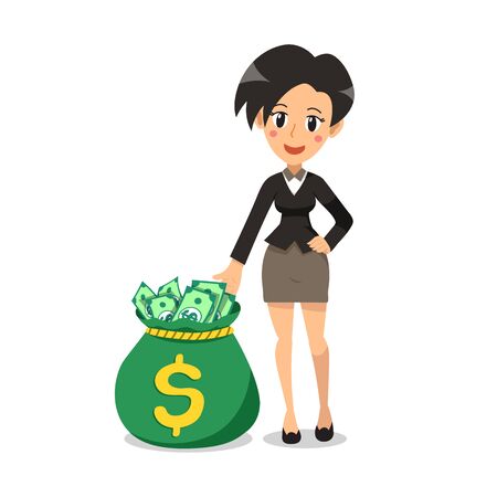 Vector cartoon cute businesswoman with big money bag for design.のイラスト素材