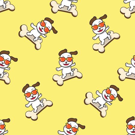 Vector cartoon character cute dog in fashion style sunglasses on big bone sign seamless pattern for design.のイラスト素材