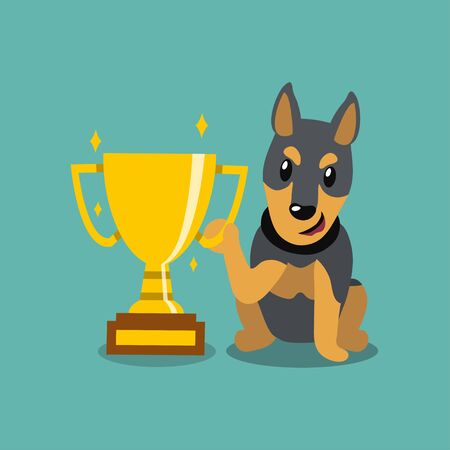 Vector cartoon character doberman dog holding gold trophy cup award for design.のイラスト素材