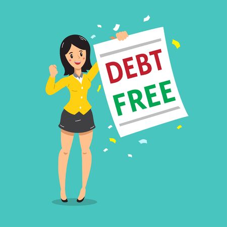 Cartoon businesswoman with debt free letter for design.のイラスト素材