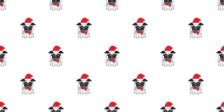 Cartoon cute pug dog with santa claus christmas hat seamless pattern background for design.のイラスト素材