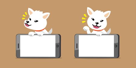 Vector cartoon character white dog and big smartphone for design.のイラスト素材