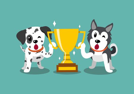 Cartoon character dalmatian and siberian husky dogs with gold trophy cup award for design.のイラスト素材