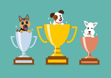 Cartoon character happy dogs with champion trophy set for design.のイラスト素材