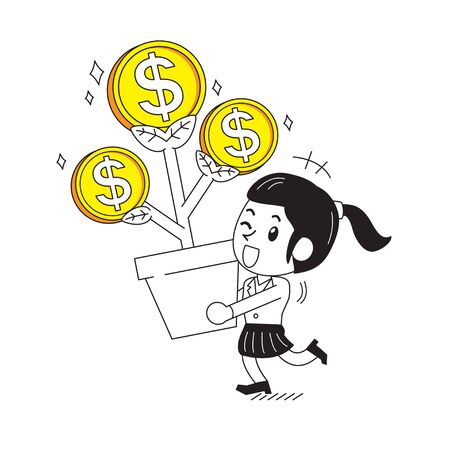 Cartoon happy businesswoman with money tree for design.のイラスト素材