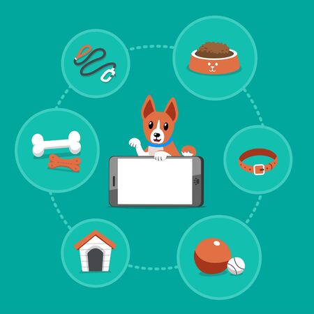 Cartoon basenji dog with smartphone and accessories for design.のイラスト素材
