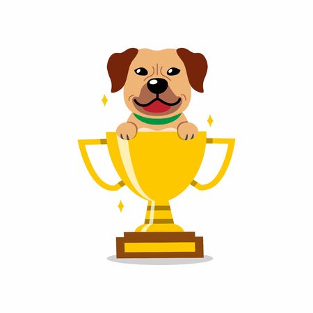 Cartoon character brown dog with gold trophy cup award for design.のイラスト素材