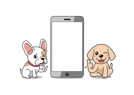 Cartoon character french bulldog and golden retriever puppy dog with smartphone for design.のイラスト素材