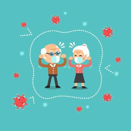 Air pollution concept senior couple wearing protective face masks safe from viruses for design.のイラスト素材
