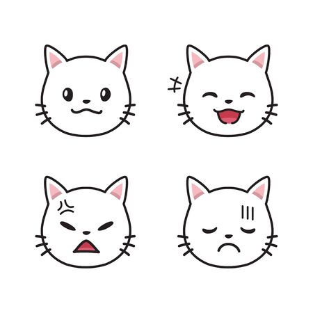 Set of white cat faces showing different emotions for design.のイラスト素材