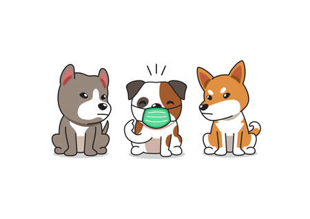 Cartoon character bulldog wearing protective face mask with other dogs for design.のイラスト素材