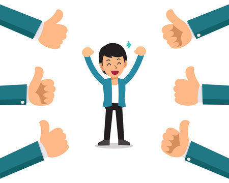 Vector cartoon happy businessman with many thumbs up hands for design.のイラスト素材