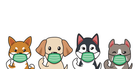 Set of cartoon character dogs wearing protective face masks for design.