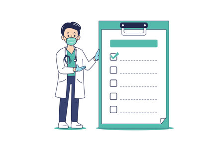 Cartoon male doctor wearing protective mask with checklist on clipboard for design.のイラスト素材