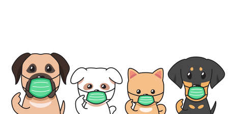 Set of vector cartoon character dogs wearing protective face masks for design.のイラスト素材