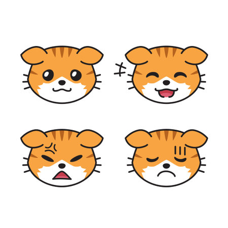 Set of tabby cat faces showing different emotions for design.のイラスト素材
