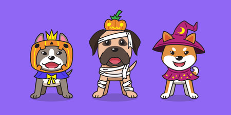 Cartoon cute dogs with halloween costumes for design.のイラスト素材