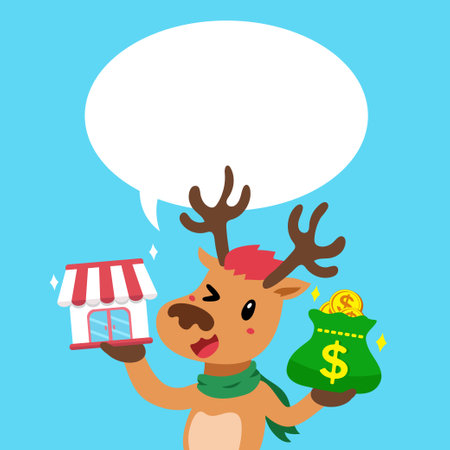 Cartoon happy christmas reindeer carrying franchise business store and money bag with speech bubble for design.のイラスト素材