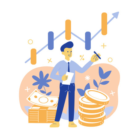 Business man with money and stock market graphic vector illustration for design.のイラスト素材