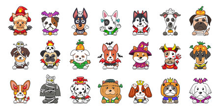Different type of vector cartoon dogs with halloween costumes for design.のイラスト素材