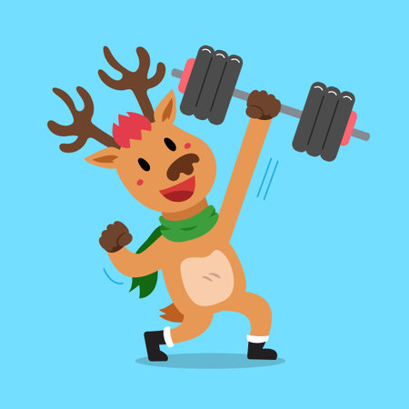 Vector cartoon character christmas reindeer doing weight training for design.のイラスト素材