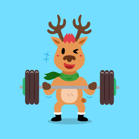 Cartoon character christmas reindeer doing weight training for design.のイラスト素材