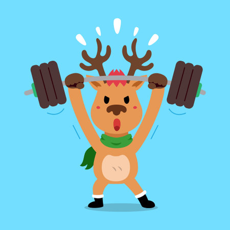 Vector cartoon character christmas reindeer doing weight training for design.のイラスト素材