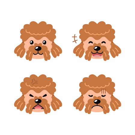 Set of character brown poodle dog faces showing different emotions for design.のイラスト素材