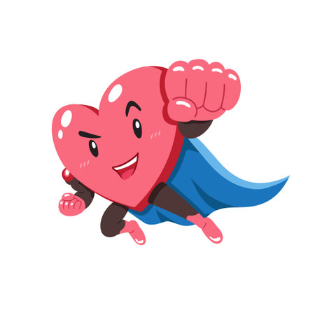 Healthy cartoon heart character with superhero cape for design.のイラスト素材