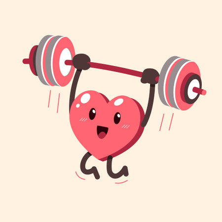 Cartoon heart character doing barbell weight training for design.のイラスト素材