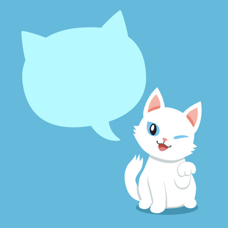 Cartoon character happy white cat with speech bubble for design.のイラスト素材