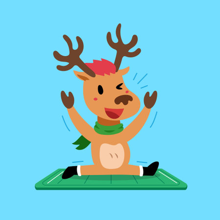 Cartoon character happy christmas reindeer exercising on yoga mat for design.のイラスト素材