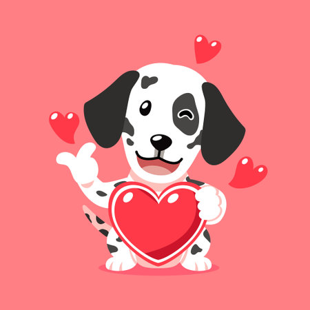 Vector cartoon valentine cute dalmatian dog holding a big red heart for design.のイラスト素材