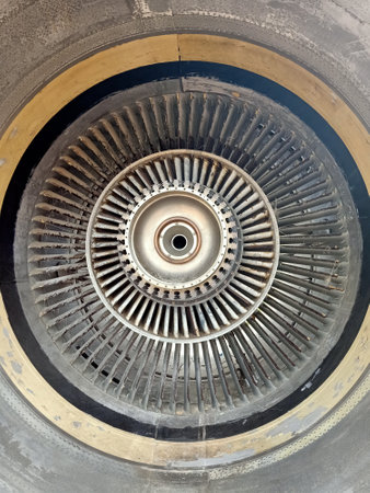 A closeup shot of the engine of an old jet engine.の写真素材