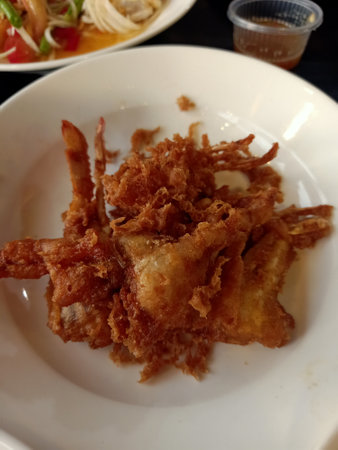 Crispy fried shrimp (Fried shrimp) on white plateの写真素材