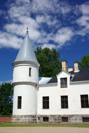 Beautiful white tower in the background of blue skyの写真素材