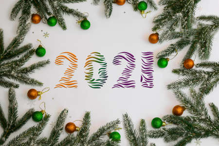 flatley new years layout with numbers 2021 toys and Christmas tree branchesの写真素材