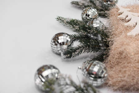 Christmas layout on white background with Christmas ballsの写真素材