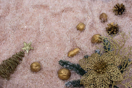christmas layout on fabric background. Christmas tree branches, golden nuts, spruce branch.の写真素材