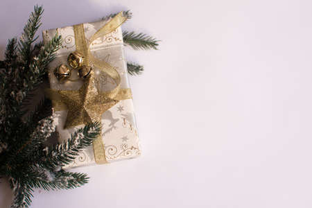 New Years composition. Christmas gift, pine, on a white background.の写真素材