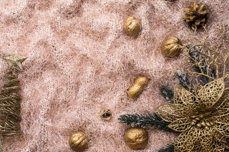 christmas layout on fabric background. paraphernalia. Christmas tree branches, golden nuts, spruce branch.の写真素材